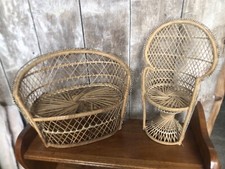 Lot Ancien Canapé + Fauteuil Style Emmanuelle Osier Tressé Poupée Vintage #A891