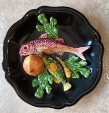 Assiette Barbotine Trompe l'Oeil Vallauris Décor Poissons Vintage