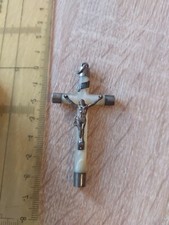 ANCIENNE CROIX PENDENTIF CRUCIFIX CHRIST JÉSUS ARGENT MASSIF & NACRE