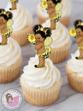 Bee Girl African American Birthday Baby Shower Cupcake Toppers