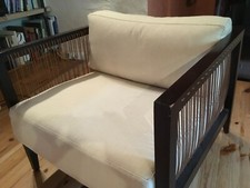 Fauteuil Bonacina Astoria, bon état, bois, cuir et tissu.