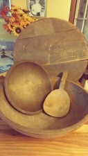 6PRIMITIVE WOOD TURNED ITMES  BOWLS 1 LG 1 SM. & A LG CHEESE BOX, BUTTER PADDLE.