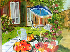 "COIN DE PARADIS CAMPAGNE FLEURS PARASOL REPAS JARDIN TABLEAU PEINTURE A L HUILE