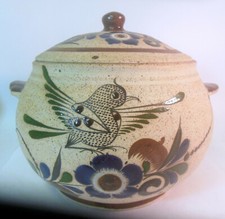 Vtg MEXICO TONALA Stoneware POTTERY Lid POT Casserole Jar FOLK ART Bird Flower