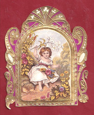 Très Rare Chromo Decoupis Magnifique Bébé Fille Au Jardin Automne Cadre Baroque