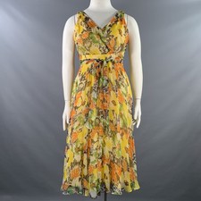 LAFAYETTE 148 Taille 10 Jaune Multicolore Mousseline Soie Floral Col V Midi Robe