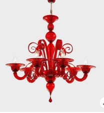 Murano - lustre style art déco en verre soufflé couleur rouge vif , 6 lumières,,