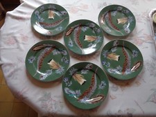 Ph. DESHOULIÈRES LIMOGES 6 GRANDES ASSIETTES FOND VERT  PLUMES FERRIÈRES, CHASSE