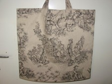 Tôte bag, sac shopping "Toile de Jouy  scène champêtre" motifs noirs sur lin