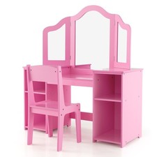 Coiffeuse pour Enfants 2 en 1 avec Chaise Miroir Amovible à Trois Volets 4 Comp