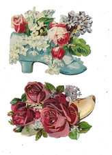 2 anciens chromos découpis souliers de Noël aux roses H. 9 cms Victorian scrap