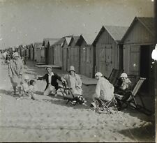 FRANCE Famille en vacances Plage Riva Bella 1929 Photo originale Plaque Stereo