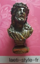 R09108ancien buste de Jésus christ cuivré en régule signé MR religieux dévotion 