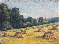 Tableau HST "Paysage aux meules avec village" signé post impressionniste