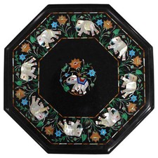 21 " Centre Noir Marbre Table Top Pierre Inlay Artisanat Travail