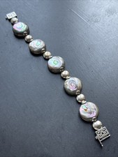 Ancien Bracelet Gourmette En Argent Massif Silver Maille chaine anneaux nacre