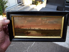 ancien tableau miniature peinture sur panneau en bois pêcheur sur une barque