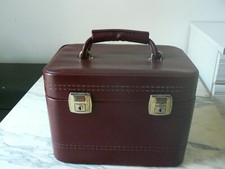 ANCIEN VANITY CASE VALISE TROUSSE DE TOILETTE BORDEAUX SIMILI CUIR VINTAGE GLACE