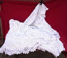 French Hand-Made Knit Off-White Cotton Bed Cover Coverlet 94x72 inches
