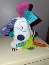 un doudou velours  chien ( puppy) mamas and papas, coloré, rubans, TBE