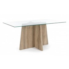 Table Moderne Fixe Plan Verre Structure en Bois Design