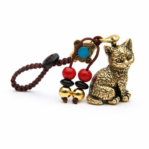 Porte clés chat laiton cordon - porte-clés,