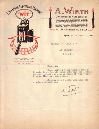 Lyon lettre wirth l - -, ,