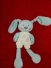 DOUDOU PELUCHE LAPIN MARIONNETTE BLEU BEIGE ABC POMMETTE