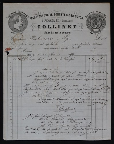 Facture 1874 moreuil - 1874,
