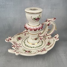 CLAMECY Bougeoir de chambre à main céramique faïence décor floral tons roses