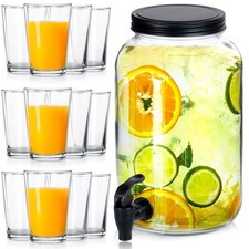 Distributeur Boissons Verre 3,2L avec Robinet + 12 Verres 200ml Set