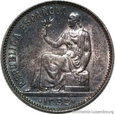 S8496 Rare Spain 1 Peseta Allegory Republic 1933 * 1934 Madrid Argent Silver UNC