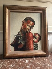 Peinture sur toile Africaine signée « RD 60 » - Mère et Enfant - Encadré