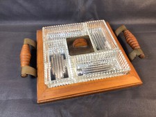 Ancien plat apéritif de table Art Déco en bois et verre vintage années 1950