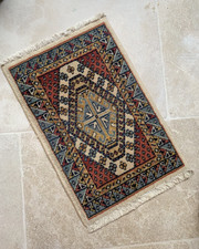 Petit tapis vintage Oriental en Laine fabriqué main rose / bleu 65x41cm