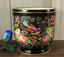 Ancien Grand Cache pot en Porcelaine Peint Main Napoléon III fond Noir Fleurs