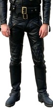 Pantalon en cuir véritable pour homme style jean rock punk matelassé motard m...
