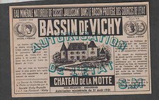 Ancienne étiquette France Eau Minérale Bassin de Vichy Chateau de la motte 