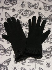 Paire de gants en daim noir fourré vintage perles et dentelles Gothique Pin-up