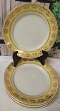 6 Assiettes Plates Badonviller Contour Jaune Et Fleurs Doré