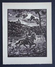 Paul Emile COLIN Gravure sur bois originale de 1922 bel état Le gué Cavalier