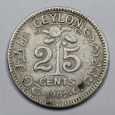 RARE Monnaie Argent, 25 Cents Edward VII 1902 - Colonial Ceylon - SRI LANKA