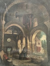 Peinture Huile Papier Paysage Ruine Intérieur Château À Identifier XIXe Meuble