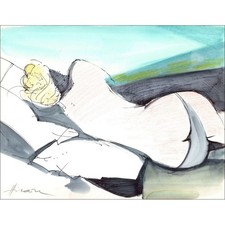 HILAIRE Camille - Aquarelle originale "Femme de dos à la plage" 24x31cm
