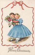 Carte Fantaisie - HEUREUSE ANNIVERSAIRE - Couple d'enfants, bouquet et gâteau