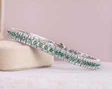 Bracelet tennis vert émeraude et diamant 9 ct or blanc 18 carats pour femme 7"