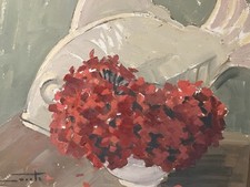 Huile sur panneau Période Art Déco Nature morte aux fleurs et au poisson c.1925