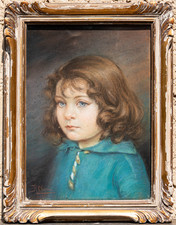 Tableau dessin pastel encadré portrait jeune fille enfant signé rafaël OLARIA