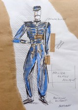 DESSIN DE MODE COSTUME OFFICIER ARMEE AFRIQUE ENCRE GOUACHE SUR PAPIER VERS 1980