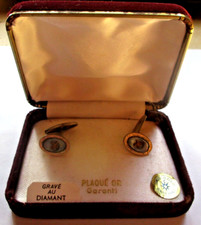 Ancien coffret superbe Paire Boutons De Manchette plaqué or gravé au diamant